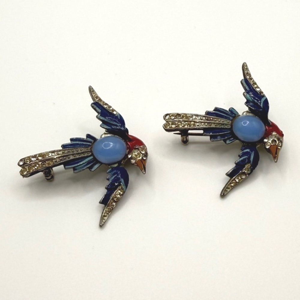Vintage Blue Enamel Bird Brooch Set Rhinestone Cabochon Pins Pair Jelly Belly